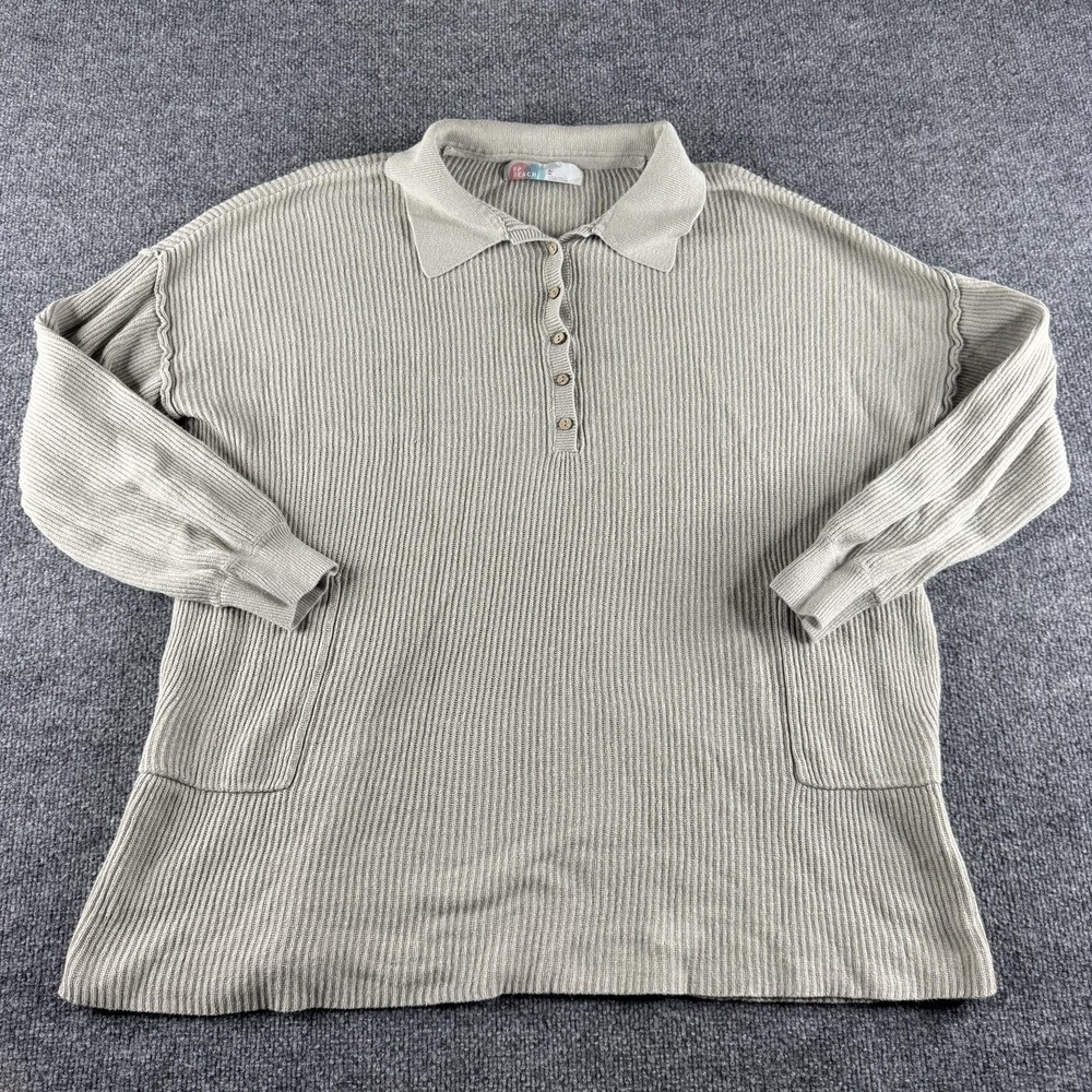 FP Beach Sweater Womens XL Beige Ribbed Linen Cotton Collared Tunic Pockets